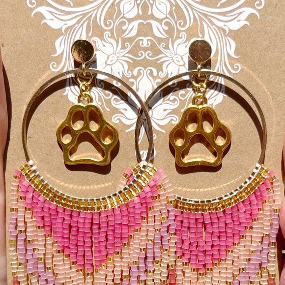 Handmade Beaded Long Fringe Paw Love Dangle Drop Lightweight Post Hoop Earrings - Picture 4 of 9